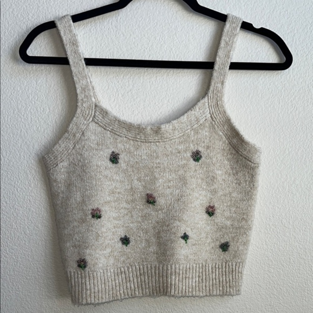 Lucky Brand Beaded Floral Knit Tank Top - Oatmeal
